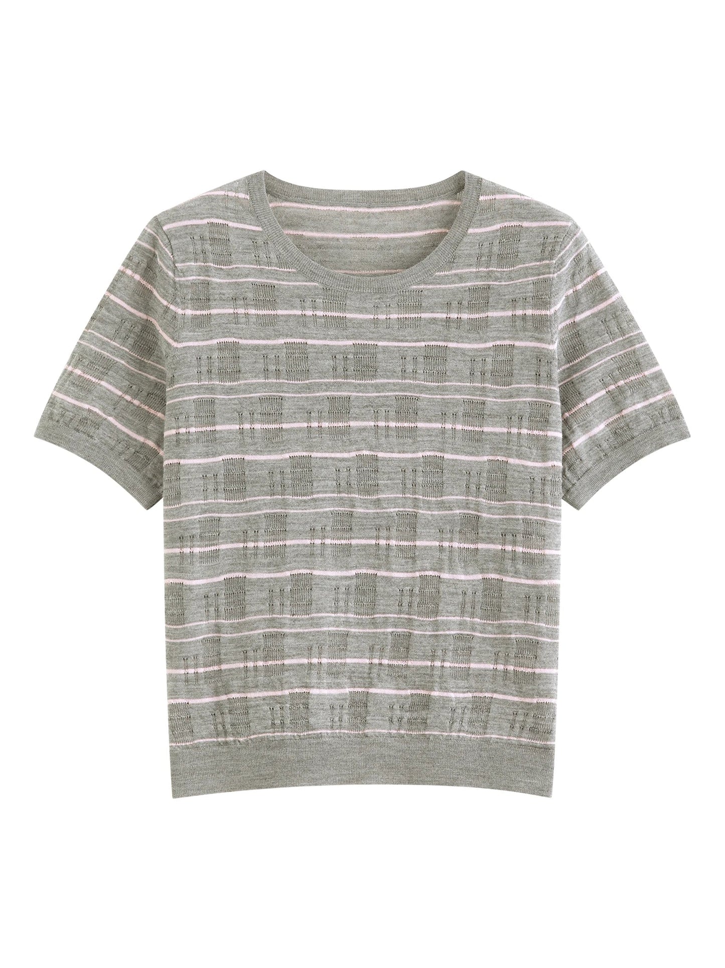 2026 Summer Women's Textured Cut-out Round Neck Short Sleeve Knit Top Soft Lightweight Breathable Blouse Elegant Style