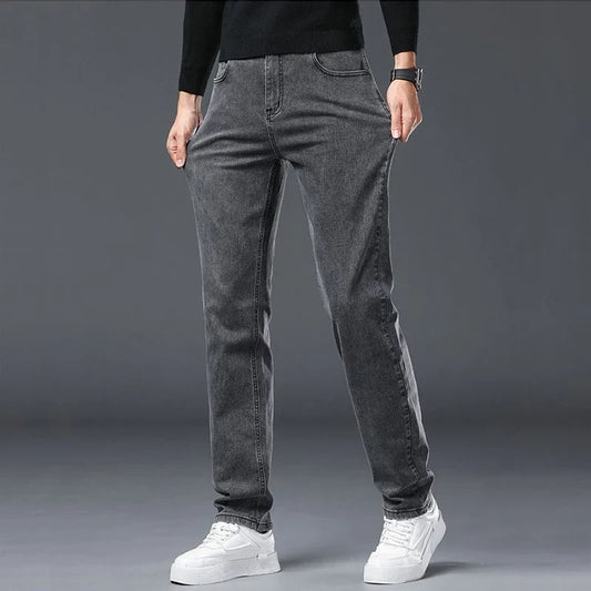 Spring New Men's Slim Fit Elastic Jeans Fashion Gray Comfortable Casual Denim Pants Korean Business Work Straight Black Trousers