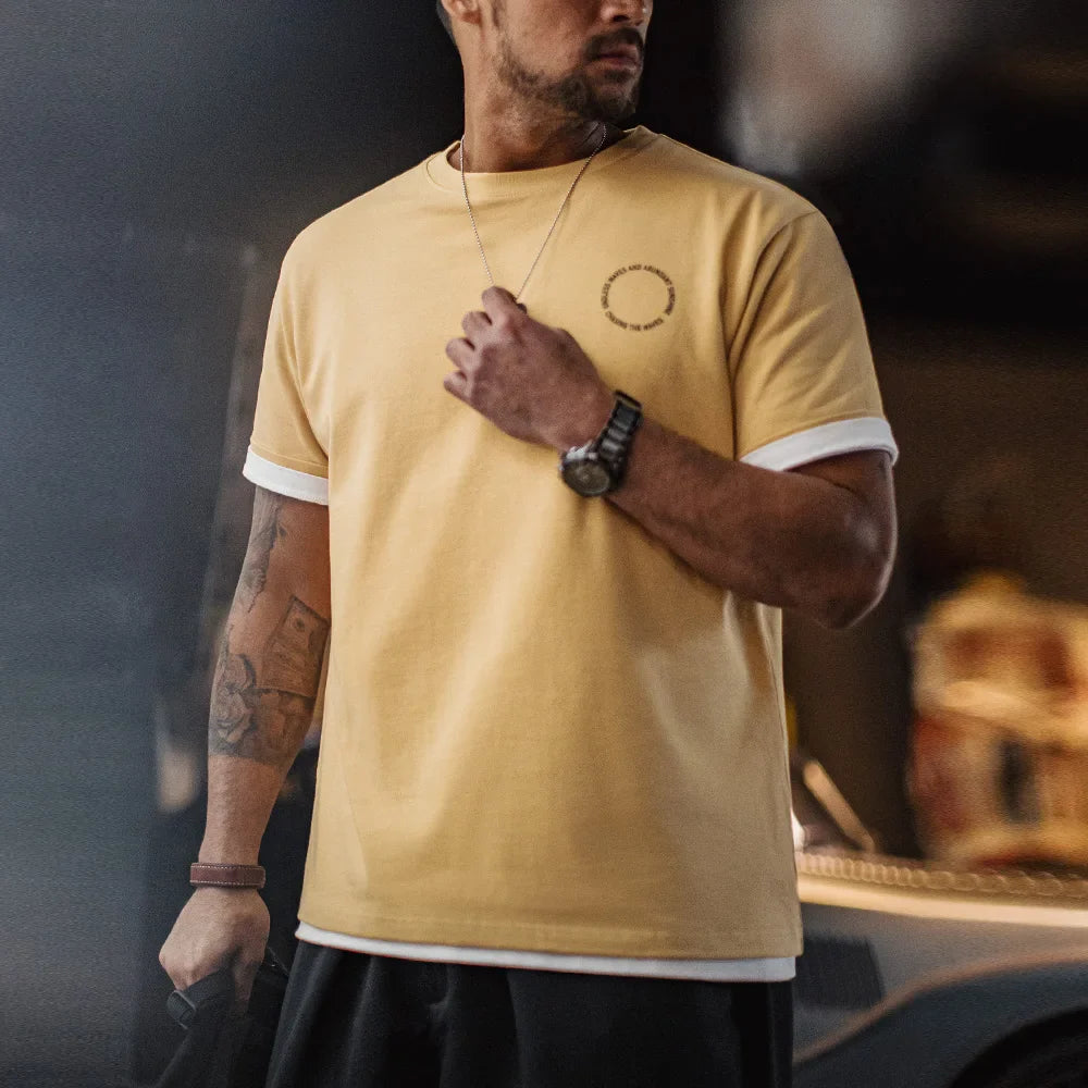 Vintage Foam Print Short Sleeves T-Shirt Men's Summer Heavyweight Yellow Cotton Tee Loose Fit Crew Neck Casual Street Tops