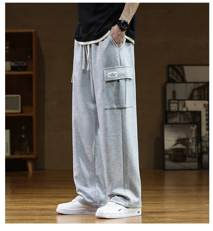2026 New in Wide Leg Pants Men Autumn Straight Elastic Waist Baggy Cargo Trouser Male Relaxed Streetwear Sweatpant Plus Size Big
