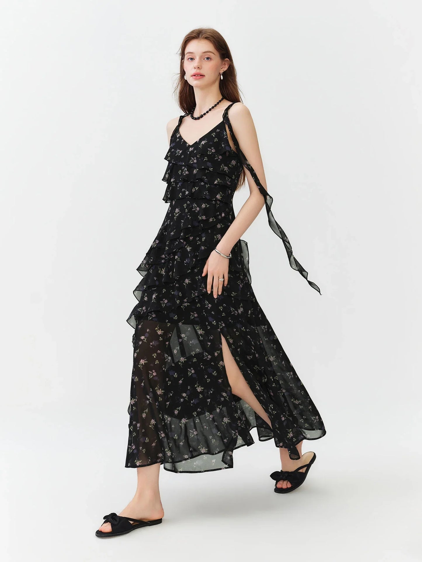Summer Women Floral Print Ruffle Tiered Maxi Dress Adjustable Spaghetti Strap A-Line Long Dress Coquette Romantic Style