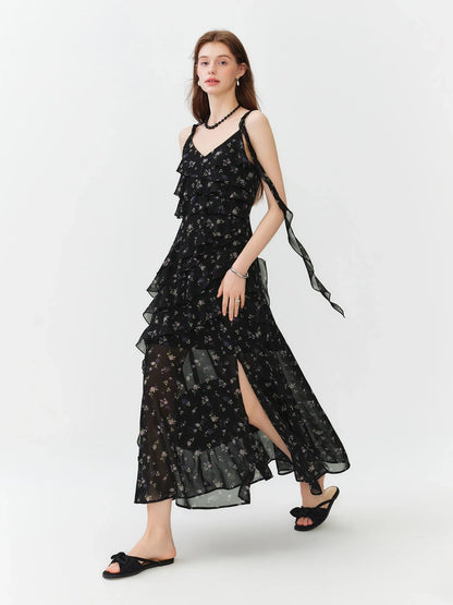Summer Women Floral Print Ruffle Tiered Maxi Dress Adjustable Spaghetti Strap A-Line Long Dress Coquette Romantic Style