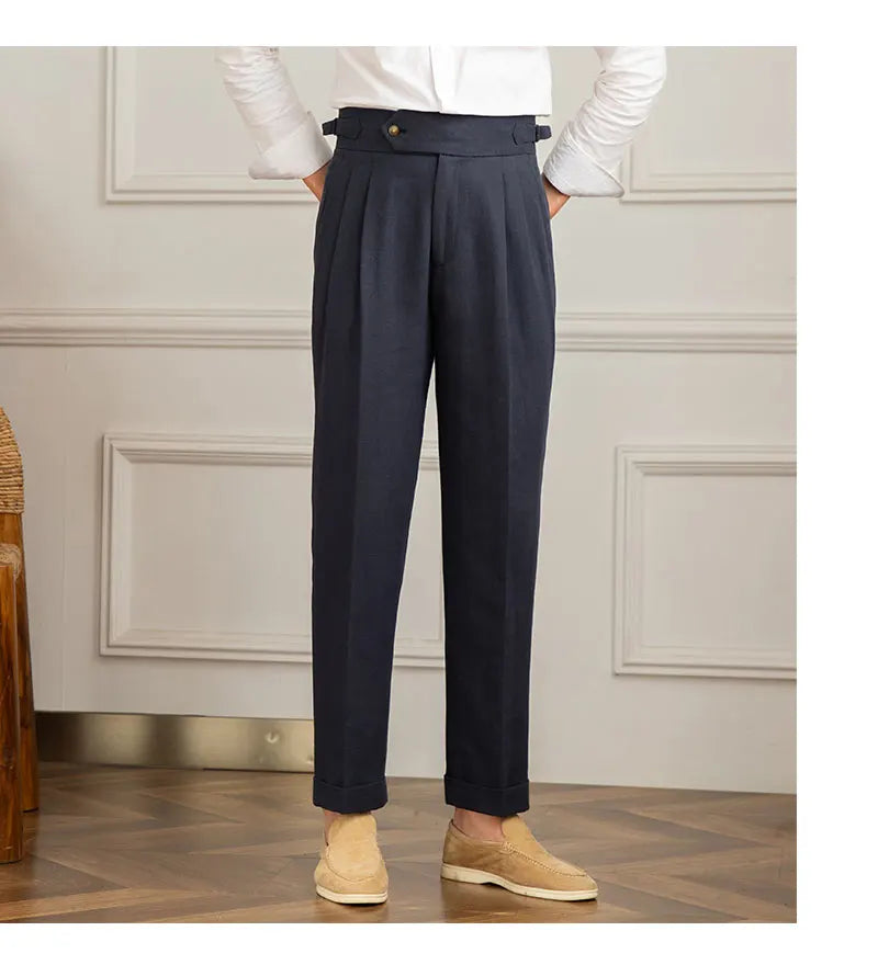 Three Gentleman Summer Naples Casual Straight Pants Men's Commuting Cotton and Linen Comfortable Breathable High Waist Pants