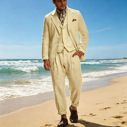 Italian Style Men's Linen 3 Piece Set Notch Lapel 2 buttons Blazer+Vest+Pants Breathable Lightweight Summer Casual Business Suit