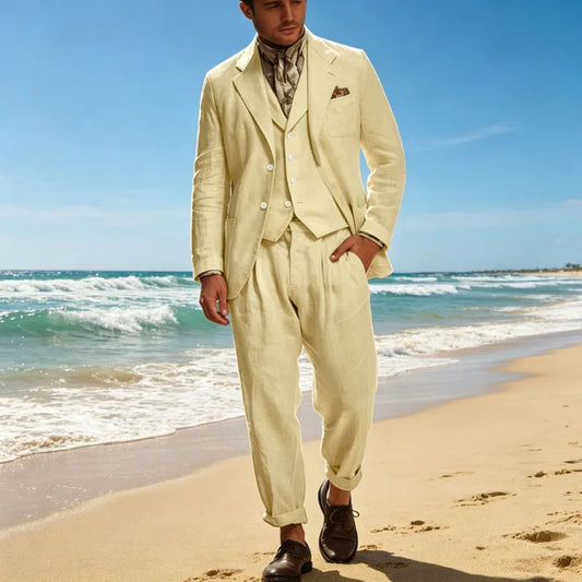 Italian Style Men's Linen 3 Piece Set Notch Lapel 2 buttons Blazer+Vest+Pants Breathable Lightweight Summer Casual Business Suit