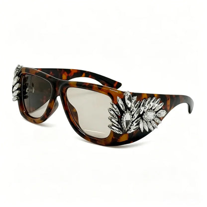 Women Oversized Square Cat Eye Sunglasses Luxury Rhinestone Floral Side Decor UV400 Thick Frame Shades for Party Nightclub
