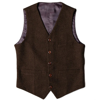 Men Vest Brown Herringbone Single Button V Neck Waistcoat For Wedding Party Banquet Business Work Daily Casual Men Suit Vest