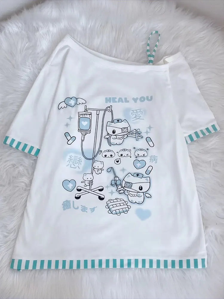 Japanese Harajuku Sweet Graphic T Shirts Women Cat Print Summer Off shoulder Top Short-sleeve Oversize Tees Loose Casual T shirt