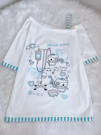 Japanese Harajuku Sweet Graphic T Shirts Women Cat Print Summer Off shoulder Top Short-sleeve Oversize Tees Loose Casual T shirt