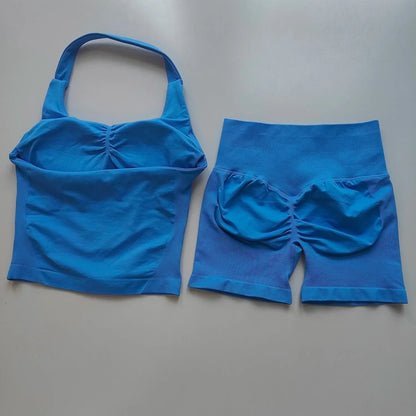 Sexy Halter Neck Beautiful Back High Waist Peach Sports Bras Shorts Suit Pilates Gathering Yoga Vest Training Fitness Bra Sets