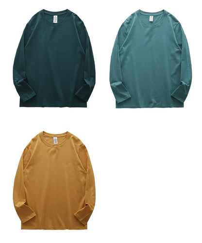 Men's 260G Long Sleeve T Shirts 2025 Spring Pure Cotton Solid Color Basic Crew-Neck Undershirt Men's Loose Tops 11 Color