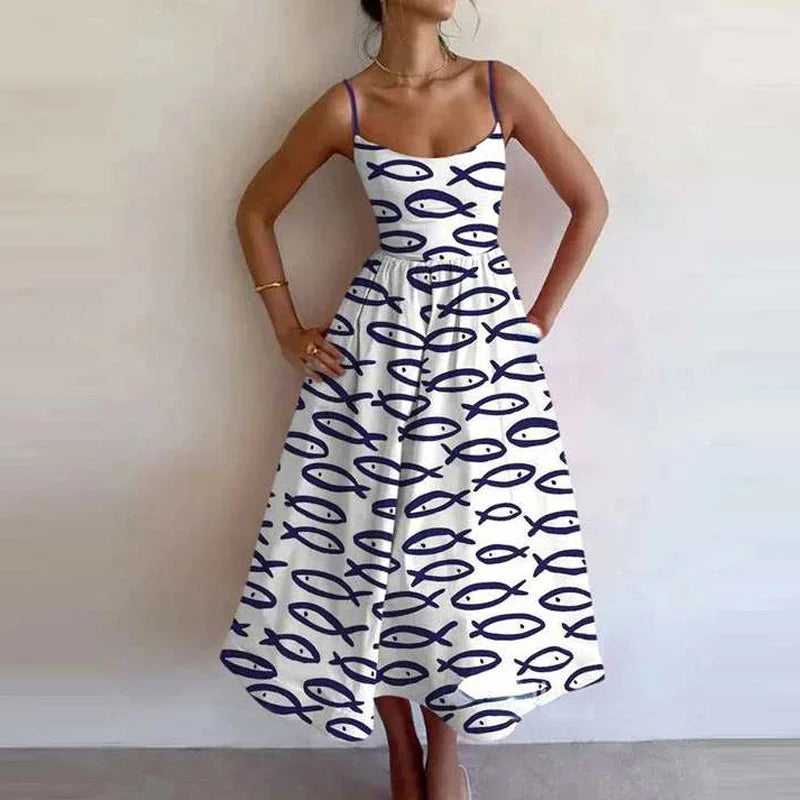 Fashion Women Print Suspenders Blue Ocean Fish Pattern Sexy Long Dress 2025 New Spring Summer Temperament Maxi Dresses