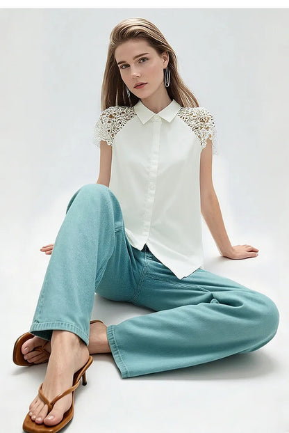 Women Shirt 2026 Summer New Lace Patchwork Lapel Collar Dolman Sleeve Blouse Loose Mid Length Office Cotton Shirt 12642040