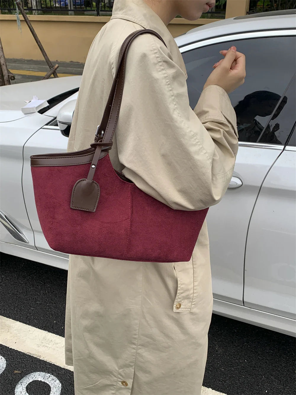 2026 Autumn Retro Suede Shoulder Bags for Women Faux Patchwork PU Underarm Armpit Bag Work Travel Casual Street Designer Handbag