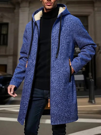 Men's Winter Warm Long Coat Zipper Jacket Zip Windbreaker Thick Fleece Windproof Overcoat Casual Contrast Color Hooded Jacket