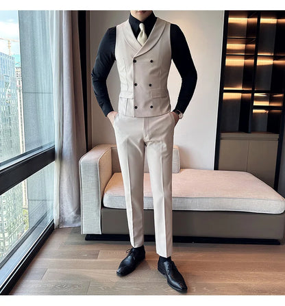 ( Vest + Pants) Men's Double-breasted Suit Vest 2 Pieces Set High Quality Business Casual Fashion Groom Wedding Dress Vest Sets
