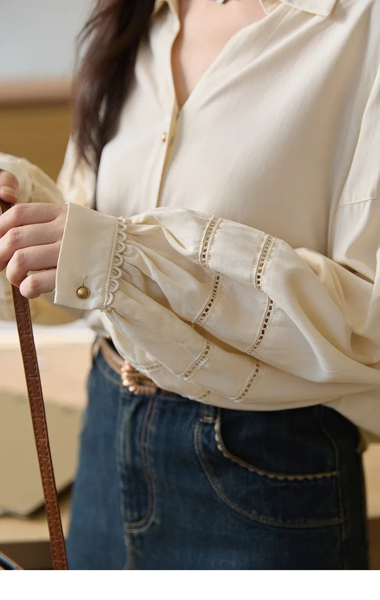 Women's Shirt Lantern Sleeve Hollow Out Tops 2025 Autumn Single Breasted Solid Shirts Lapel Shirt Office Lady MXE41C2359