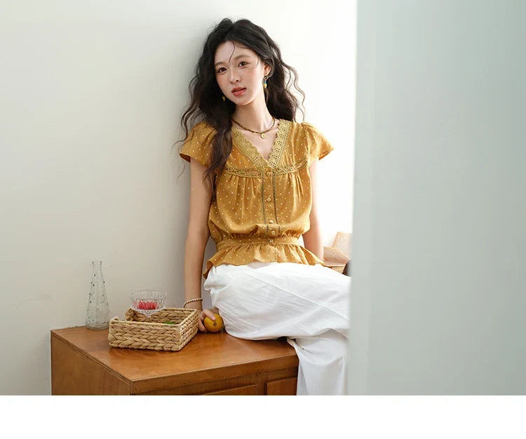 Women's V-neck Lace Splicing Blouse 2025 Summer New Ladies Fashion Polka Dot Hollow Ruffle Button Female Top MXE38X1847