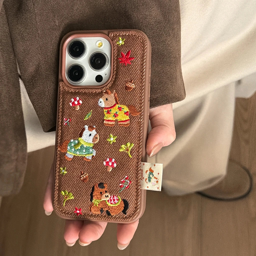 Cute Brown Embroidered Pony Mushroom With Lanyard Shockproof Protective Phone Cover Case for iPhone 17 16 15 14 Pro Max