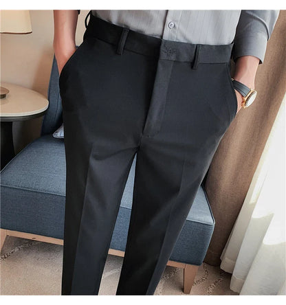 Autumn Mens Fashion Embroidered Trousers Korean Business Dress Solid Suit Pant Formal Office Social Slim Fit Casual Suit Pants
