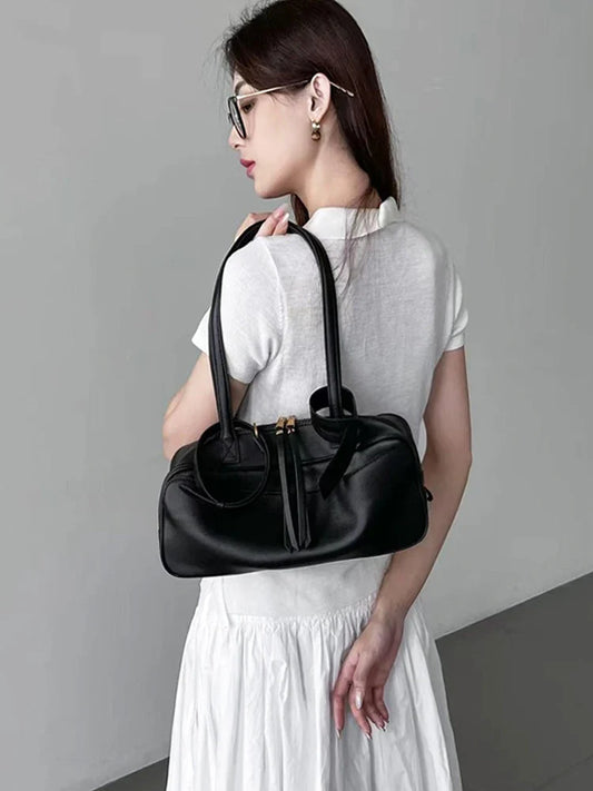 High version genuine leather pillow bag for women 2026 new all-match large capacity first layer cowhide bowling bag for women