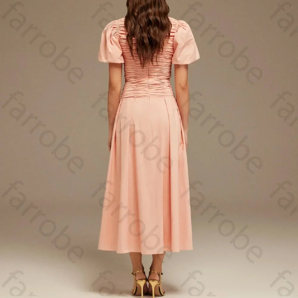 Customize Draped Top Short Sleeve Midi Dress A-Line Evening Dresses Formal Exquisite High Quality Prom Party Gowns for Women