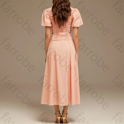 Customize Draped Top Short Sleeve Midi Dress A-Line Evening Dresses Formal Exquisite High Quality Prom Party Gowns for Women