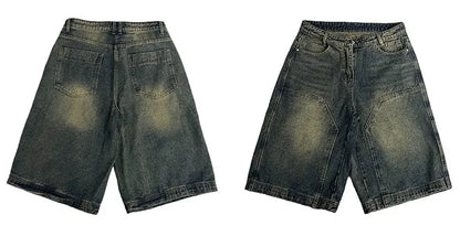 American Retro Washed High Street Jeans Shorts Men's Loose Straight Leg Wide Leg Vintage Casual Versatile Six Seven Pants
