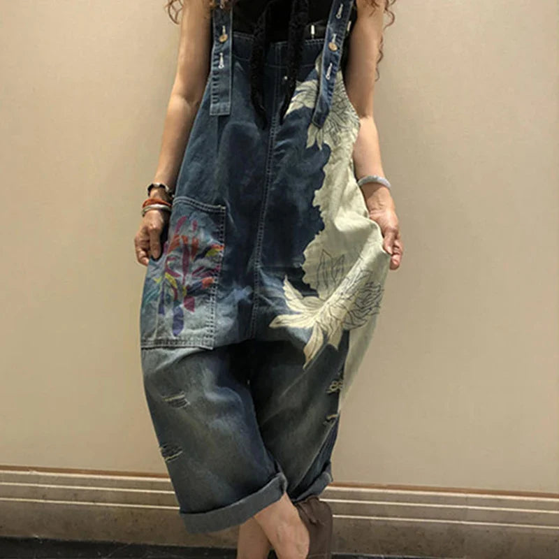 2025 Females Fashion Overalls Ladies Summer Printed Denim Pantalons Vintage Casual Jeans Womens Loose Vintage Trousers