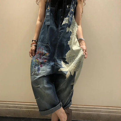 2025 Females Fashion Overalls Ladies Summer Printed Denim Pantalons Vintage Casual Jeans Womens Loose Vintage Trousers