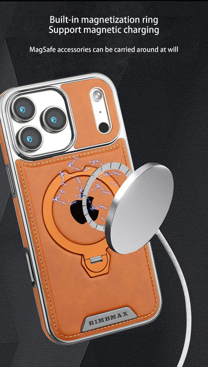 Magnetic Rotat Bracket Luxury Leather Phone Case,For iPhone 11 12 13 14 15 16 17 Pro Max Plus Wireless Charging Shockproof Cover