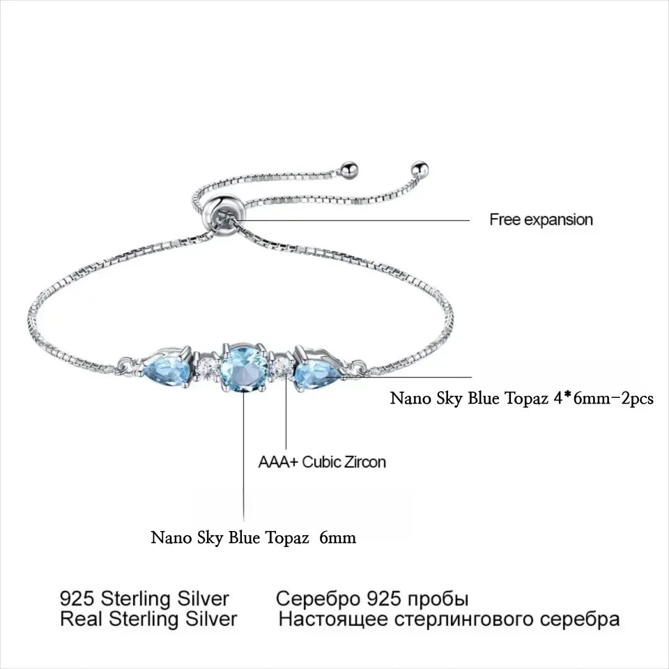 925 Sterling Silver Bracelets Adjustable Bangle Nano Blue Topaz Bracelet Round Pear Bracelets for Woman Wedding