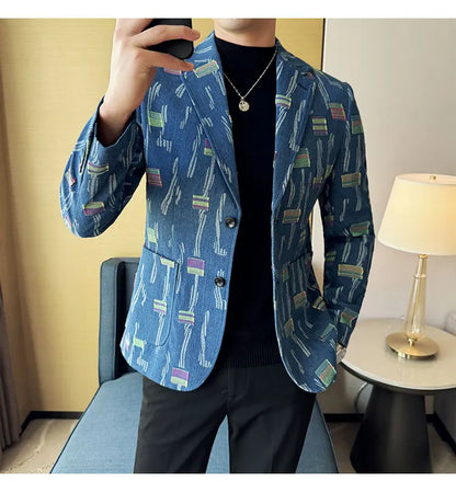 2025 New Luxury Denim Jacquard Suit Coats Men Fashion Slim Fit Suit Casual Business Party Coat Uniform Wedding Social Tailcoat
