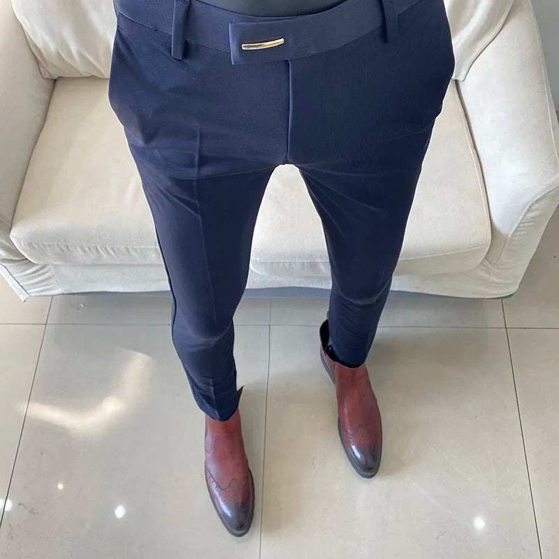 Spring Trousers for Men Slim Fit Straight Leg High-end Feel Business Casual Pants Striped Elegant Formal Dress Long Pants