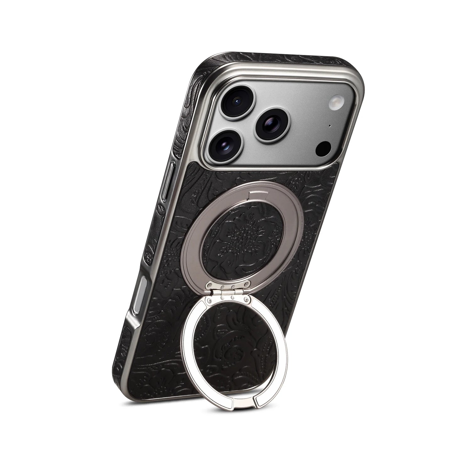 Denior is suitable for iPhone 17/16/15/14/13 Air Pro Max retro printed genuine leather 360 ° rotating bracket phone case