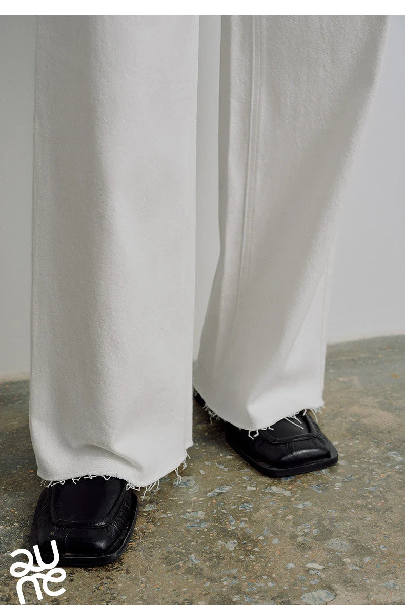 Women Jeans 2026 Spring New Black Label Lycra Stretchy White Frayed Cuff Loose Wide-Leg Pants