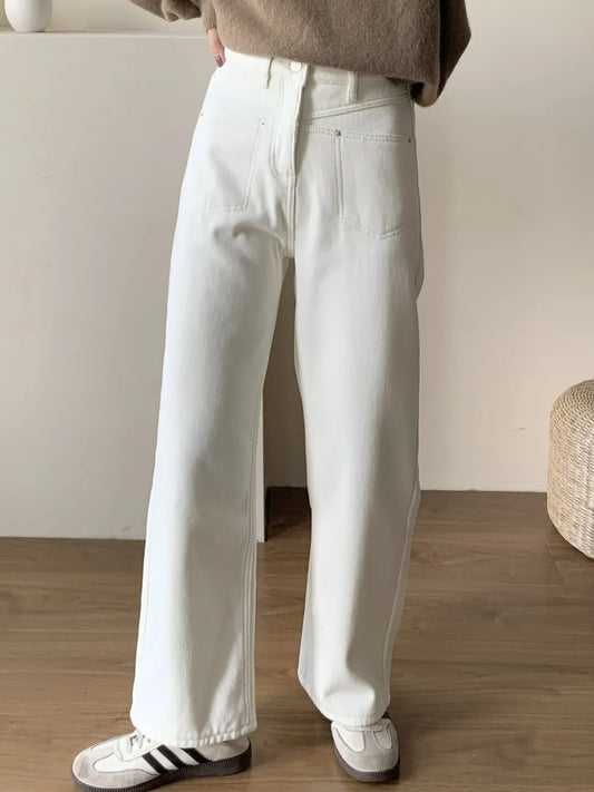 New Beige Straight Jeans Women Winter Warm High Waist Wide Leg Denim Pants 2023
