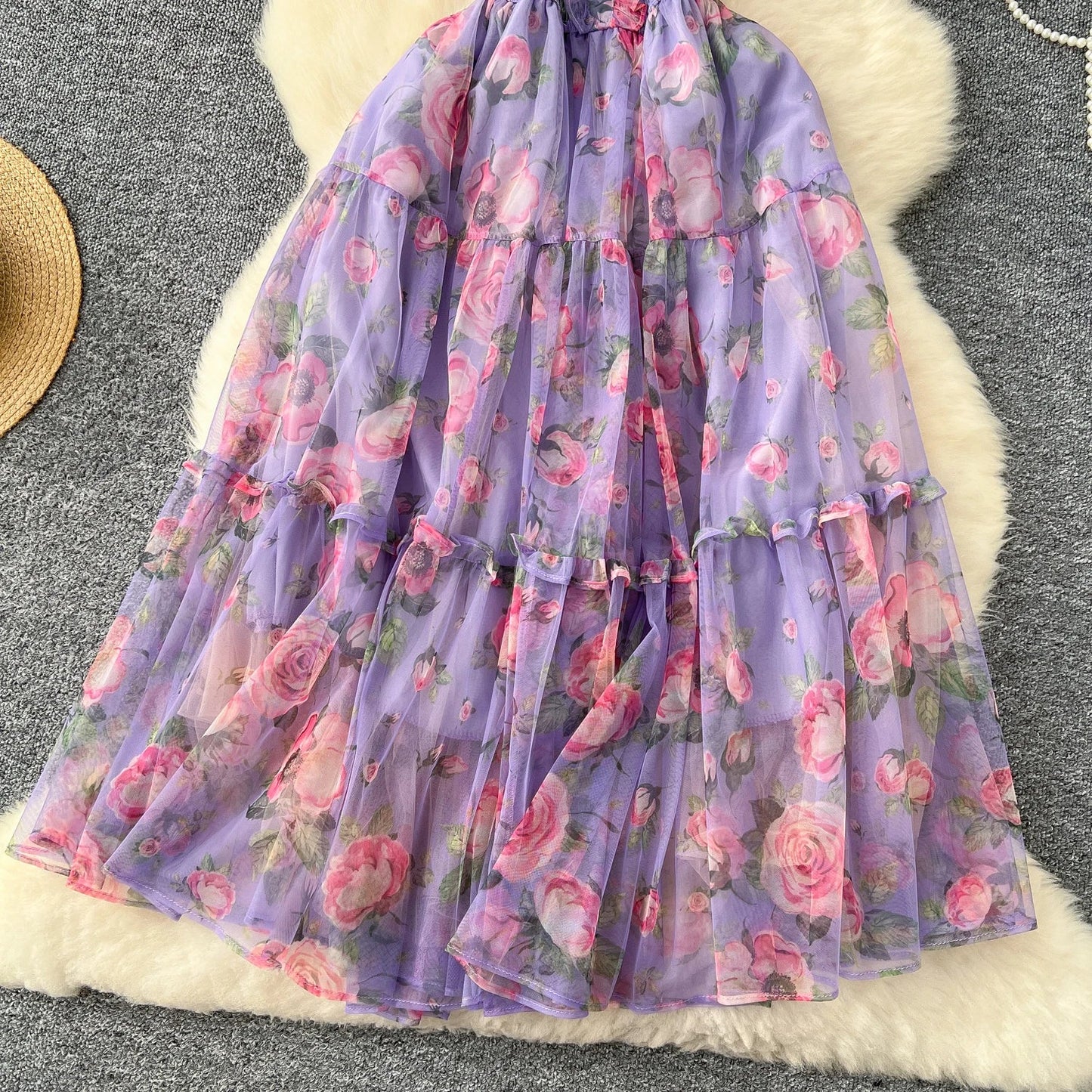 Retro Floral Chiffon Dr Women's Waist Cinched Bubble Sve Me Skirt Tea Break Gentle Soft Sle Korean High Waist A-Lin...