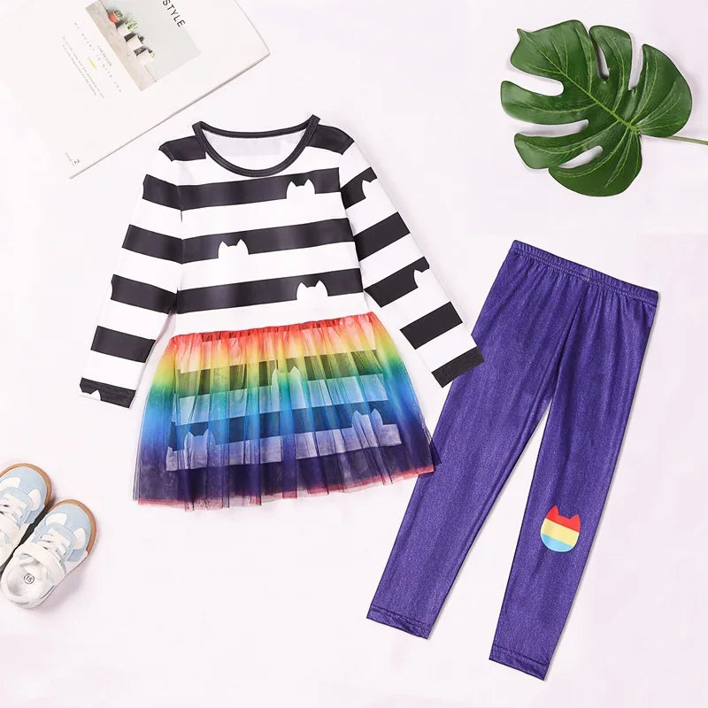 Cartoon Kids Girls Rainbow Dresses+Pants Sets Children Halloween Easter Cats Carnival Cosplay Costume Birthday Party 3-10 Year