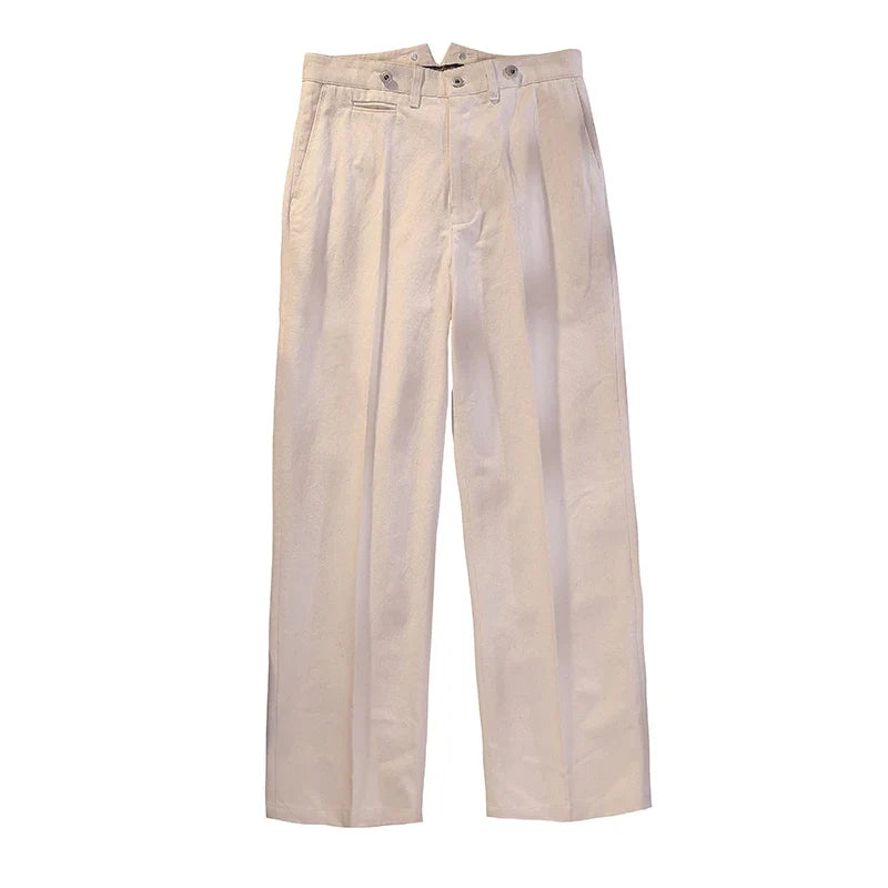 Beige Fishtail Waist Officer's Pants Vintage Deck Loose High Waist Straight Leg Casual Pants Cotton Wide Leg Pants