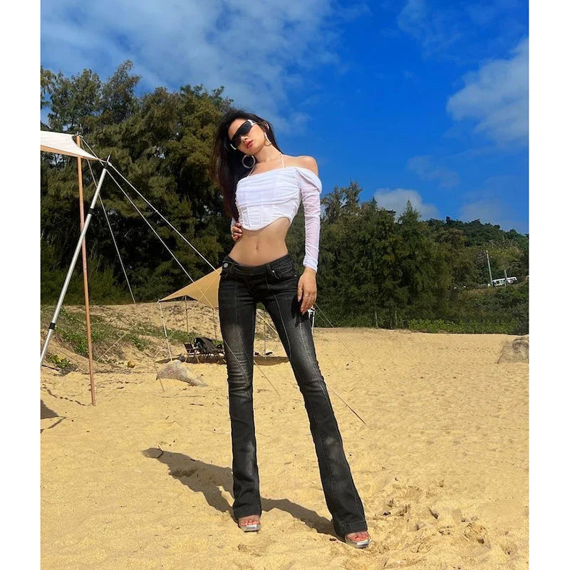 SHECI Karrram Vintage Distressed Low Waist Jeans Asymmetrical Waist Denim Pant Korean Fashion Black Flare Jeans Kpop Streetwear