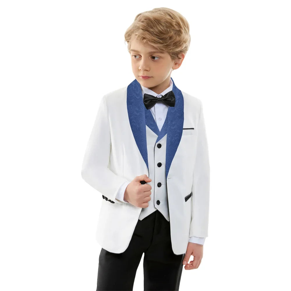Stylish Jacquard Collar Boys Suits 3 Pieces Jacket Vest Pants Piano Performance Autumn Long Sleeve Kids Tuxedo Sets For Birthday