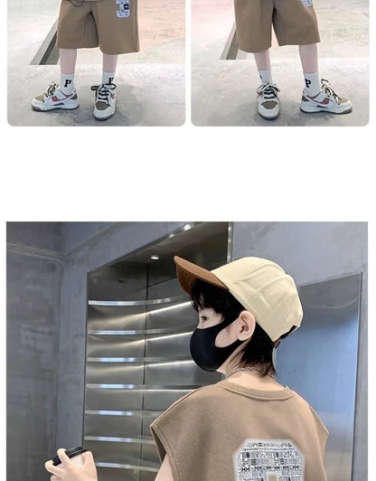 Summer Boys Loose Sleeveless Printed T-Shirt Tops+Shorts Pant School Kids 2PCS Tracksuit Child Outfit Student Workout Set 5-16Yr