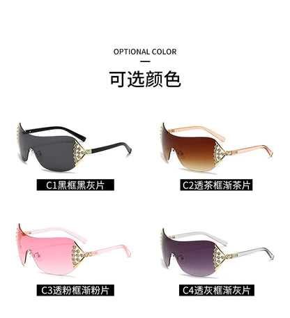 2025 New Ins Diamond Sunglasses Women One-piece Lenses Fan-shaped Sun Glasses Ladies Y2K Trendy Rimless Alloy Legs Punk UV400