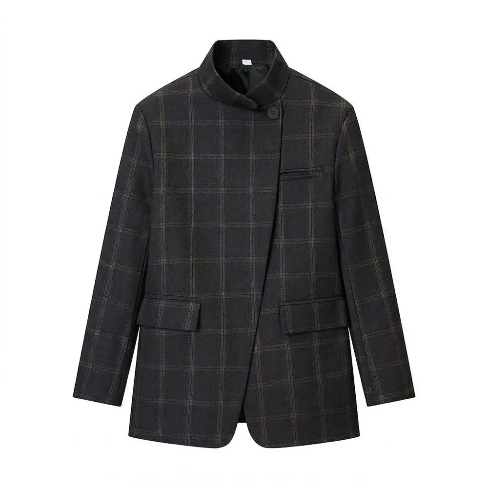 2026 Spring Blazer For Women Fashion Plaid Suit Coat Stand Collar Single Button Long Sleeve Jacket Female Fashion Streetwear