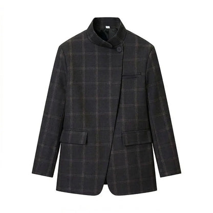 2026 Spring Blazer For Women Fashion Plaid Suit Coat Stand Collar Single Button Long Sleeve Jacket Female Fashion Streetwear