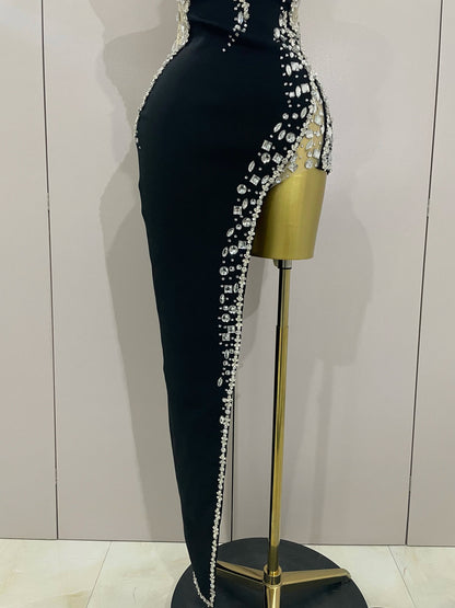 Newest High Quality Sexy Strapless Shinning Rhinestones Bodycon Bandage Long Dress Women Fashion Celebrate Evening Party Vestido