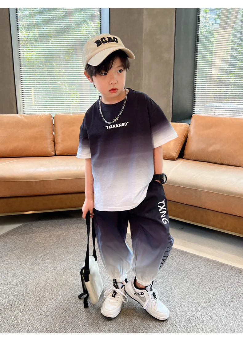 Summer Boys Gradient Contrast Alphabet t-Shirt Tops+Pant Workout Sets School Kids 2PCS Tracksuit Children Jogger Outfits 5-16 Yr
