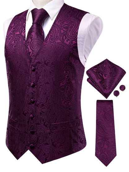 Men's Classic Floral Vest & Tie Hanky Cufflinks Set – Waistcoat for Weddings Events Party Gift