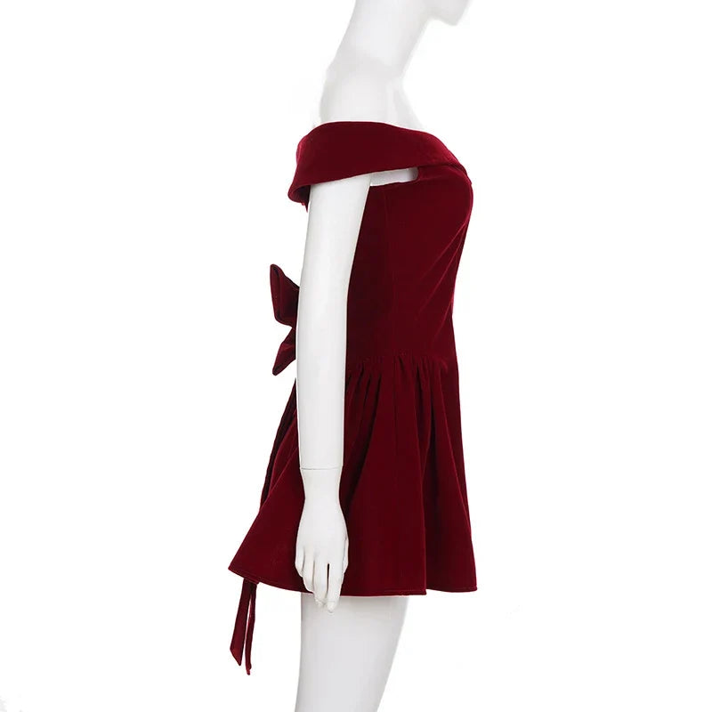 Fashion Red Bowknot Mini Dress Straps Square Collar Sleeveless Backless Vintage Cute Ladies Slim Party Short A-line Dresses